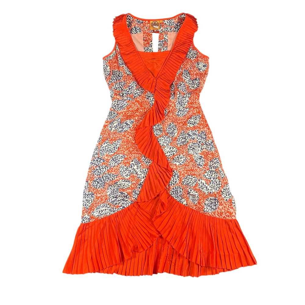 Tory Burch Janetta Silk Ruffle Pleated Dress Orange Navy Botanical Print Size 2